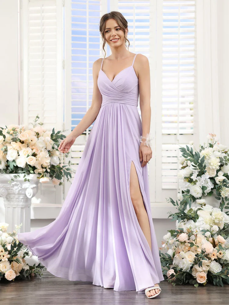 A-Line/Princess V-Neck Spaghetti Straps Sleeveless Floor-Length Chiffon Bridesmaid Dresses with Split Side - Image 4