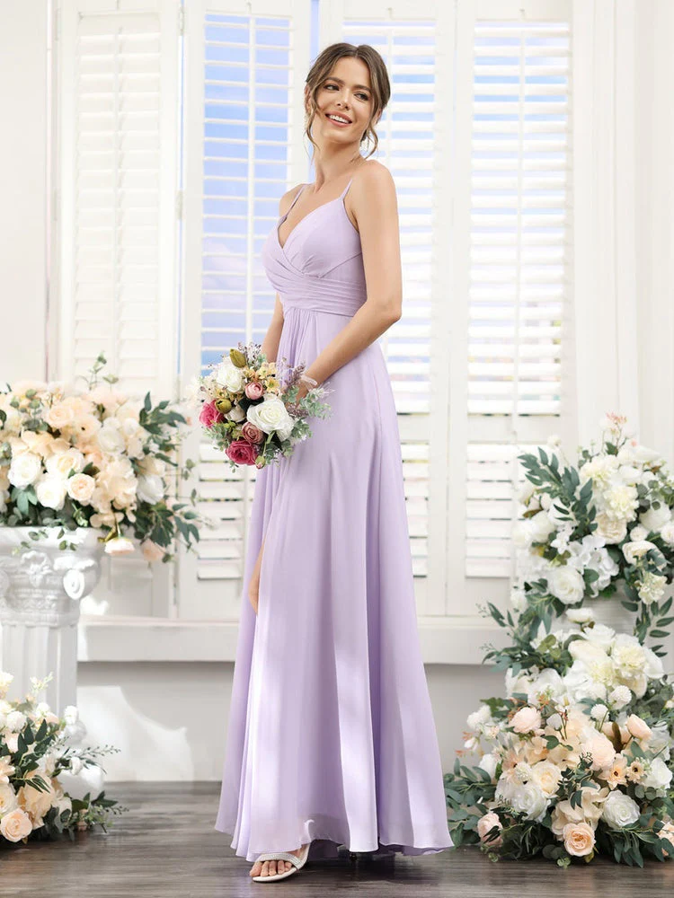 A-Line/Princess V-Neck Spaghetti Straps Sleeveless Floor-Length Chiffon Bridesmaid Dresses with Split Side - Image 5