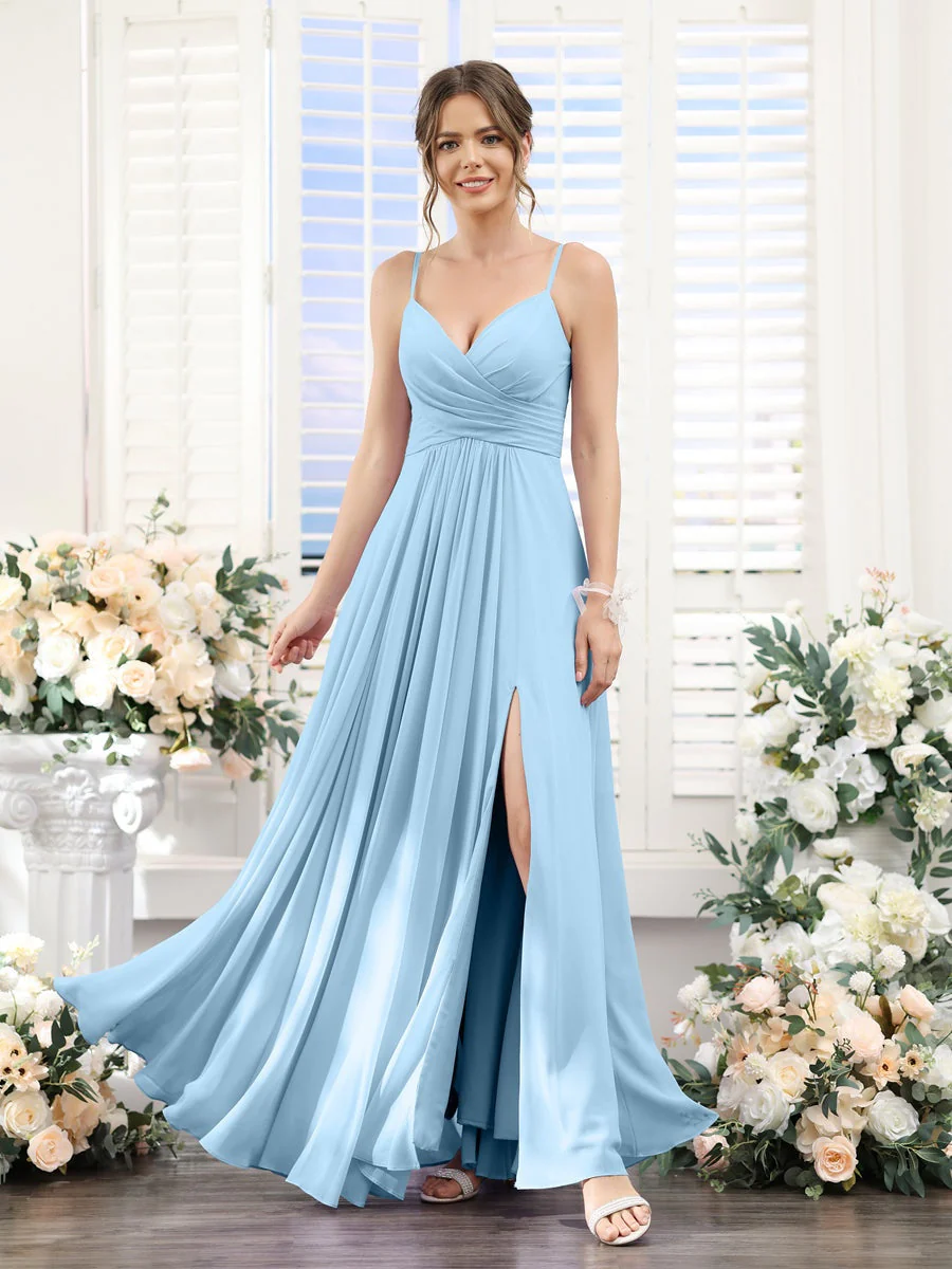 A-Line/Princess V-Neck Spaghetti Straps Sleeveless Floor-Length Chiffon Bridesmaid Dresses with Split Side - Image 50
