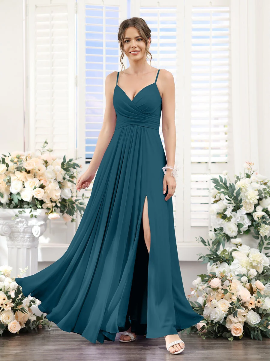 A-Line/Princess V-Neck Spaghetti Straps Sleeveless Floor-Length Chiffon Bridesmaid Dresses with Split Side - Image 58