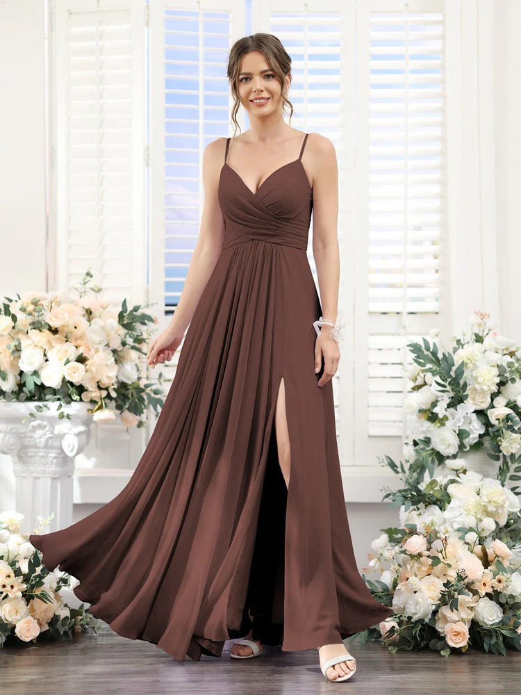 A-Line/Princess V-Neck Spaghetti Straps Sleeveless Floor-Length Chiffon Bridesmaid Dresses with Split Side - Image 76
