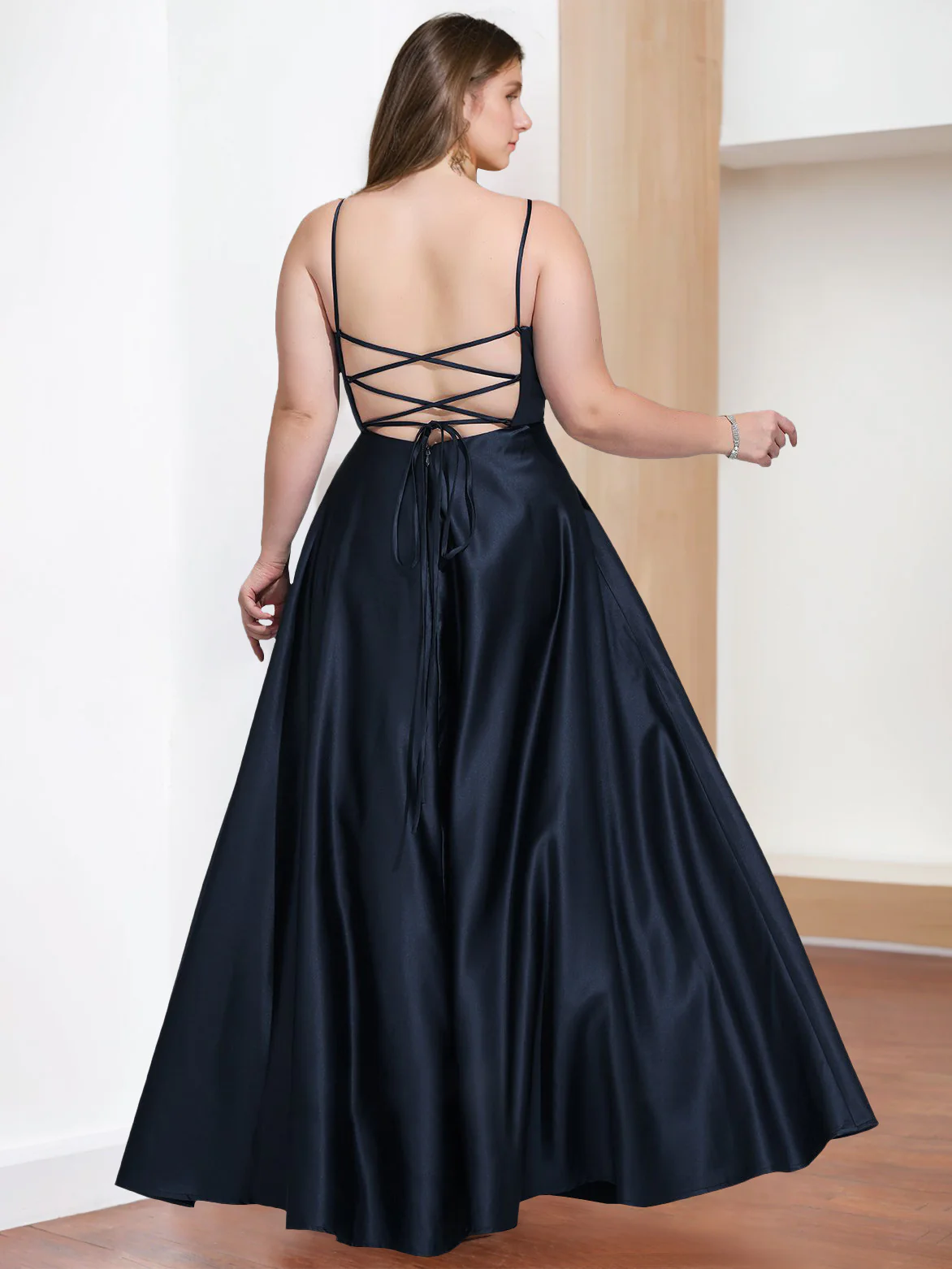 A-Line/Princess V-Neck Spaghetti Straps Sleeveless Floor-Length Plus Size Prom Evening Dresses with Split Side - Image 2