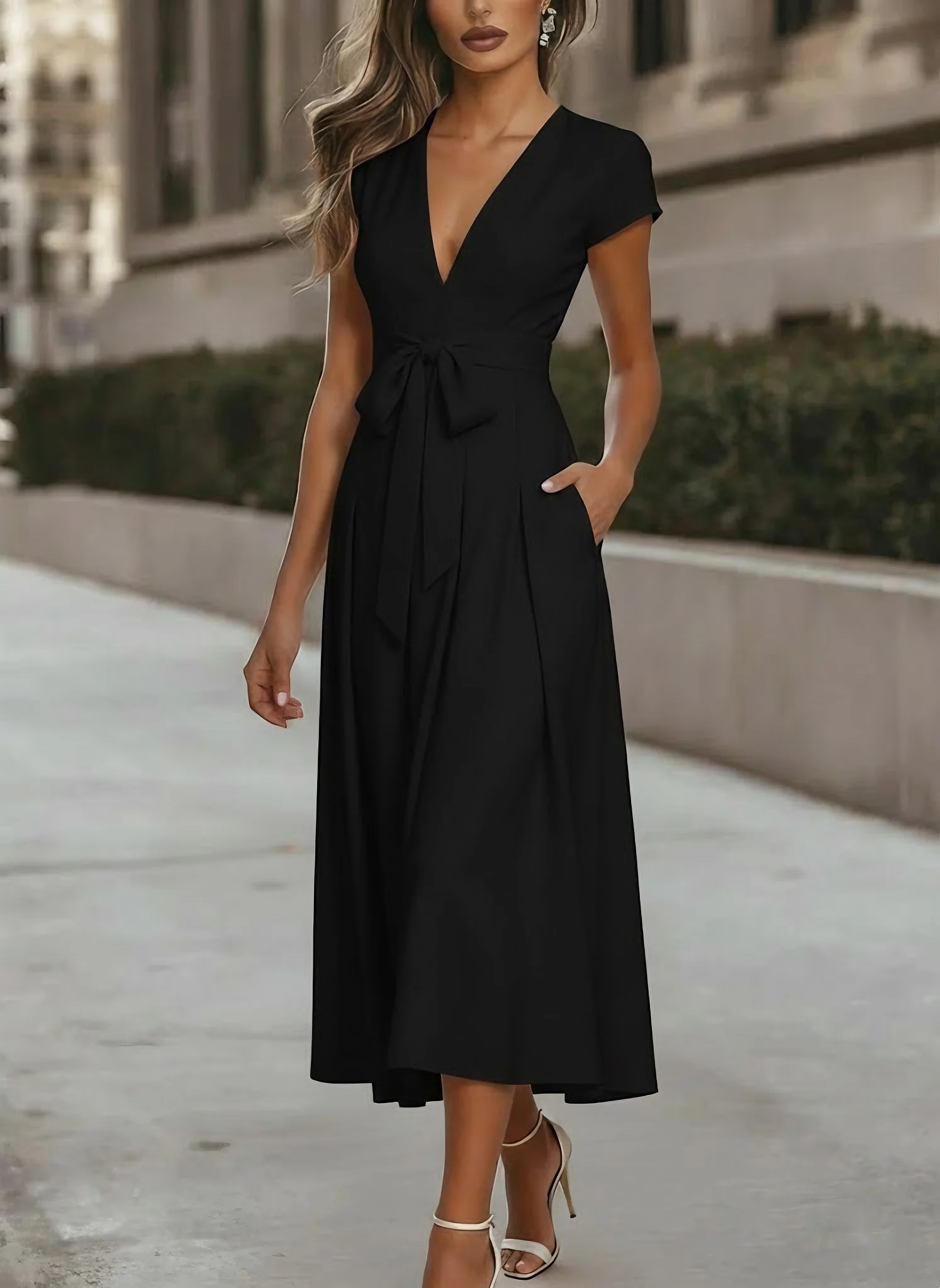 A-Line/Princess V-Neck Stretch Satin Cocktail Dresses Tea-Length Short Sleeves Knot Bow Formal Dress - Image 5