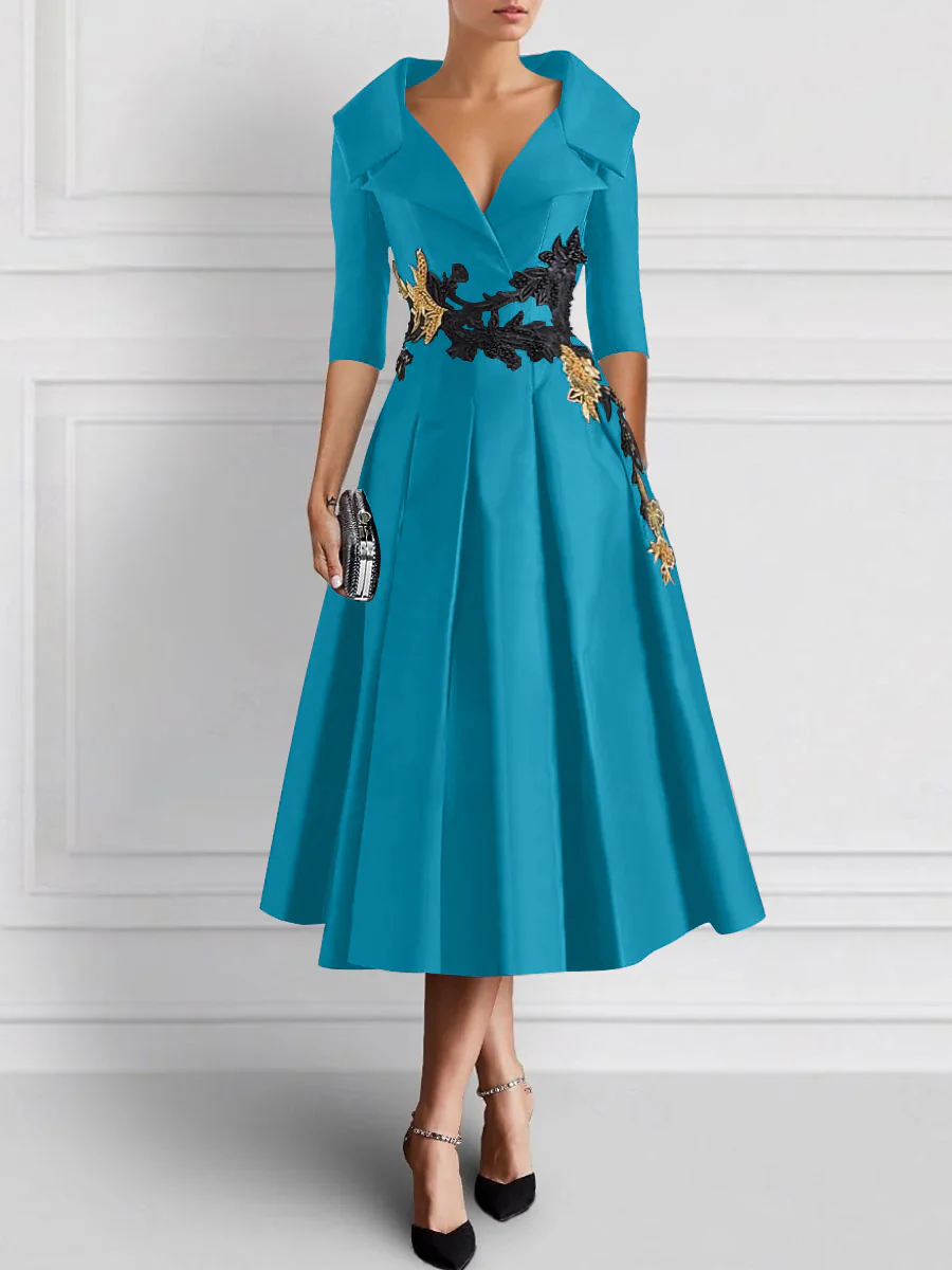 A-Line/Princess V-Neck Tea-Length Elegant Mother of the Bride Dresses with Appliques - Image 24