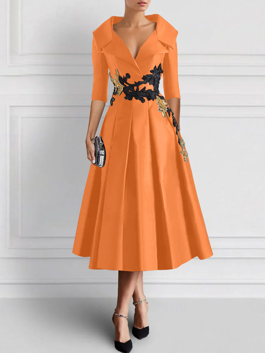 A-Line/Princess V-Neck Tea-Length Elegant Mother of the Bride Dresses with Appliques - Image 25