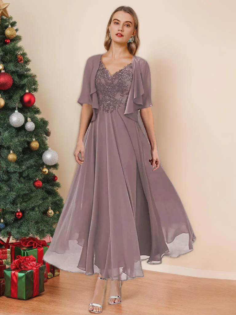 A-Line/Princess V-Neck Ankle-Length Mother of the Bride Dresses - Image 3