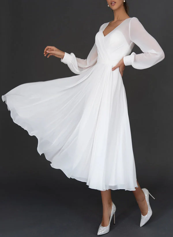 A-Line/Princess V-Neck Tea-Length Wedding Dress - Image 3