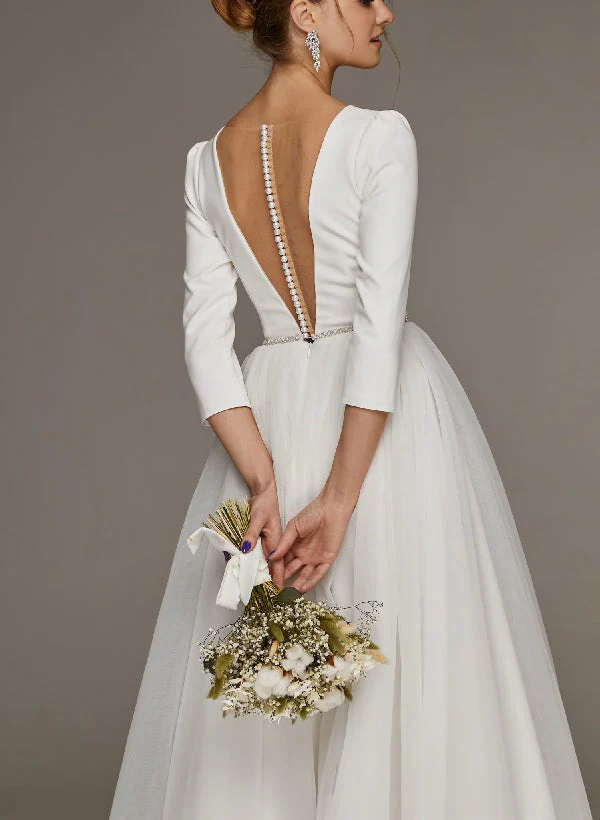 A-Line/Princess V-Neck Tea-Length Wedding Dress - Image 3