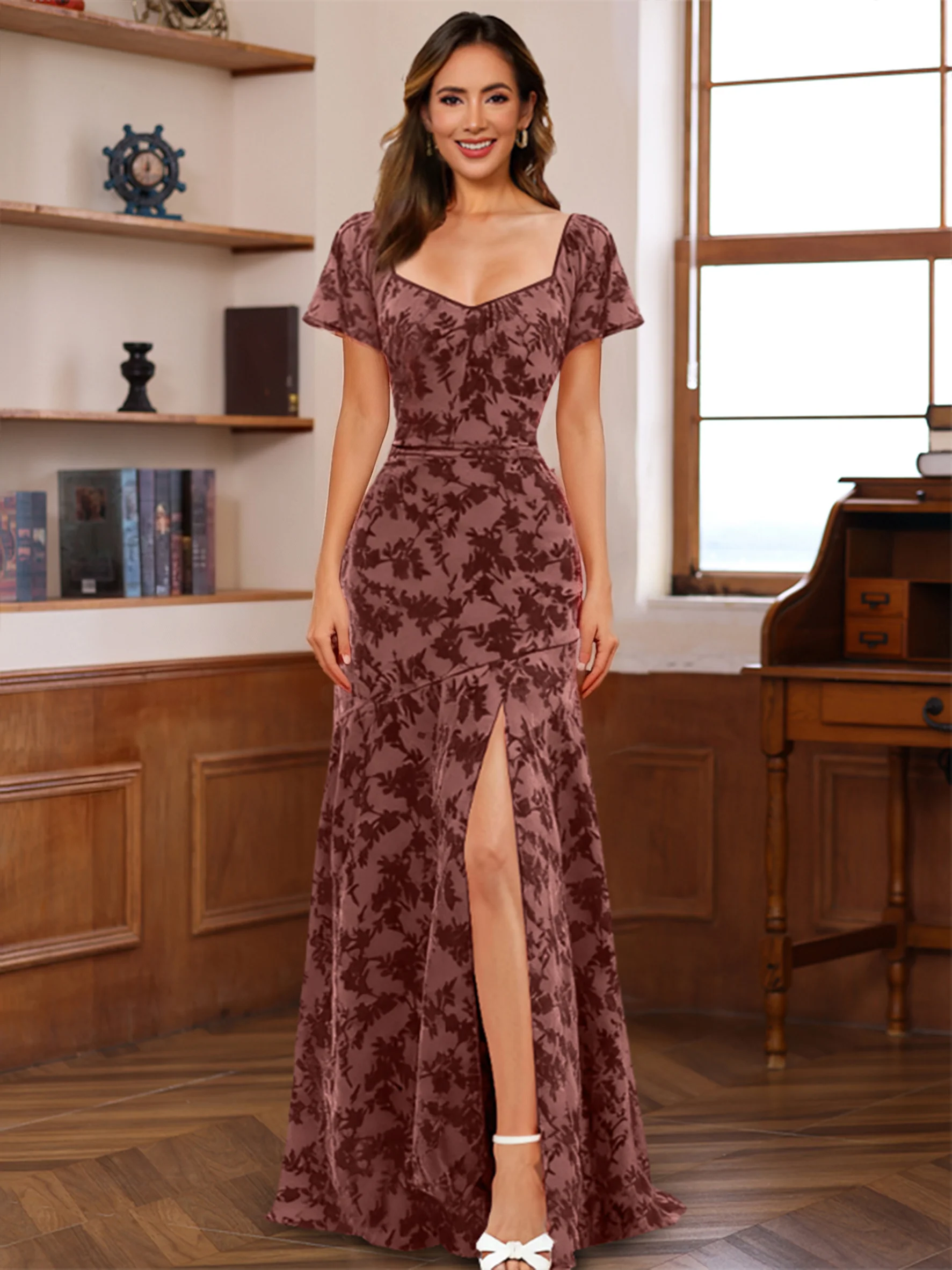 A-Line/Princess Wedding Guest Dresses Short Sleeves Floor-Length with Split Side - Image 3