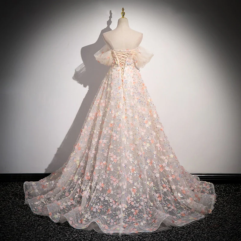 A-Line Retro Strapless Short Sleeves Delicate Floral Prom Dresses with Ruffles - Image 2