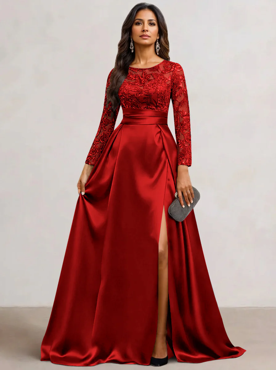 A-Line Scoop Satin Sequin Mother of the Bride Dresses Long Sleeves Floor-Length Wedding Guest with Split Side - Image 19