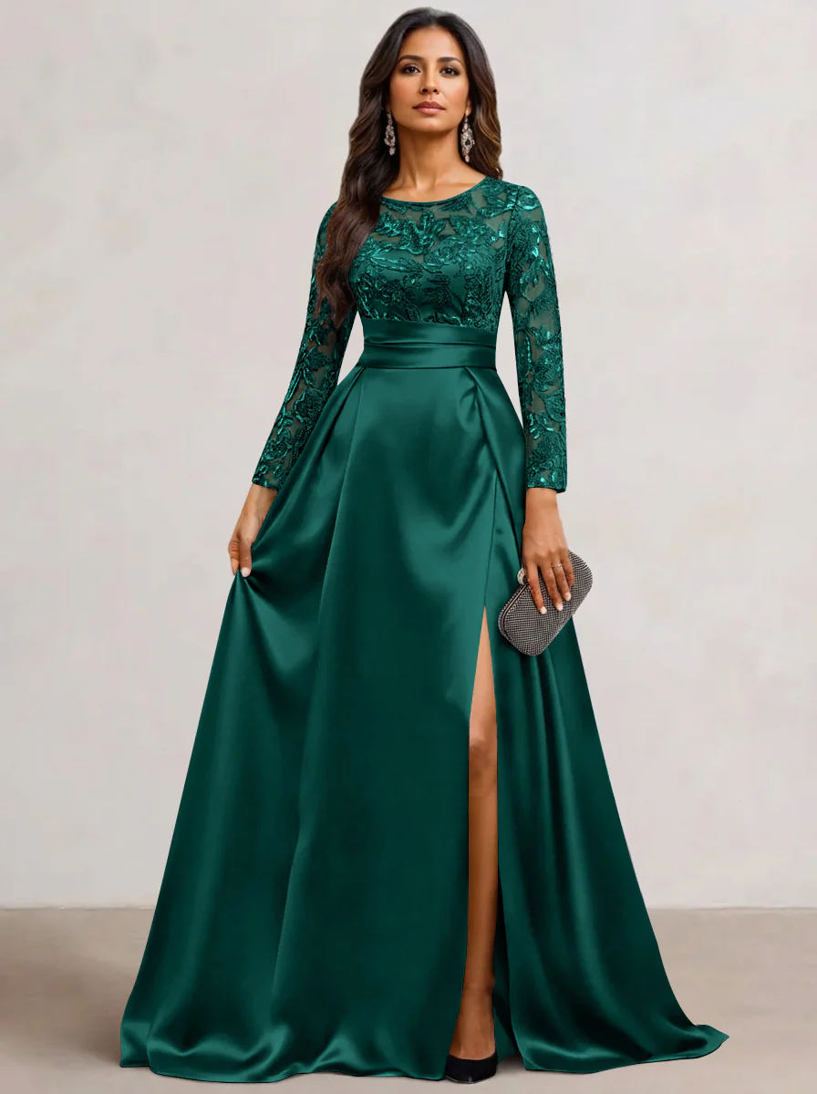 A-Line Scoop Satin Sequin Mother of the Bride Dresses Long Sleeves Floor-Length Wedding Guest with Split Side - Image 23