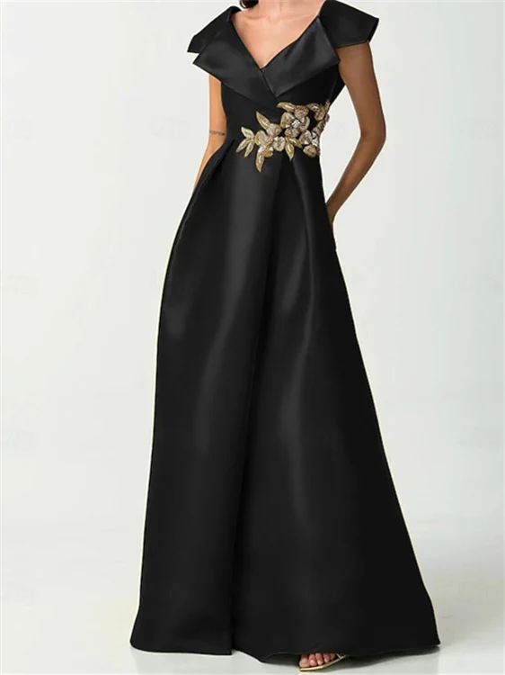 A-Line Short Sleeve Length V Neck Satin Rhinestone Mother of the Bride Dresses - Image 4