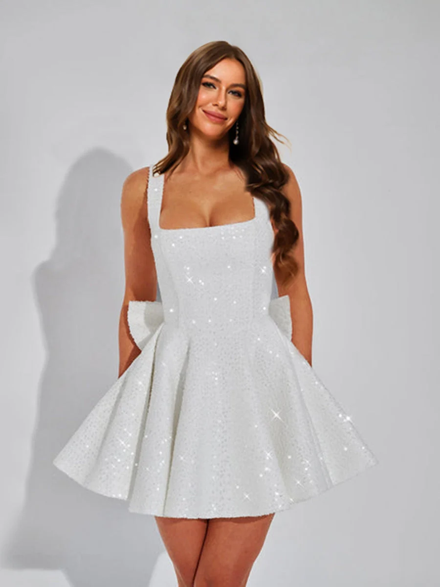 A-Line Square Neck Sequin Short Homecoming Dresses with Bow