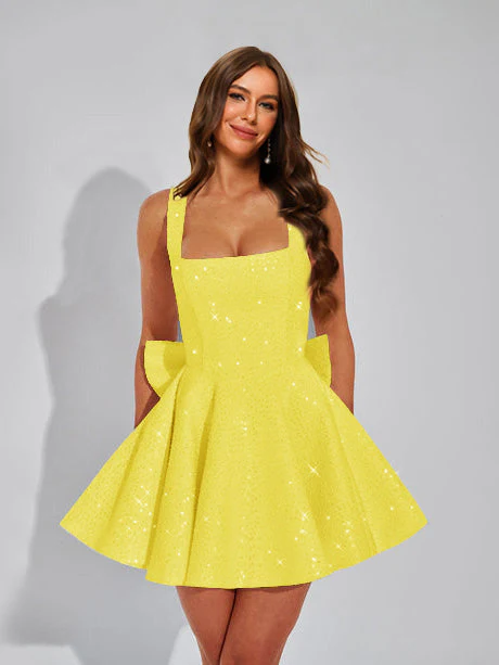 A-Line Square Neck Sequin Short Homecoming Dresses with Bow - Image 10