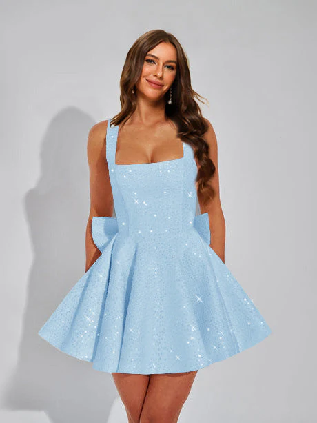 A-Line Square Neck Sequin Short Homecoming Dresses with Bow - Image 24