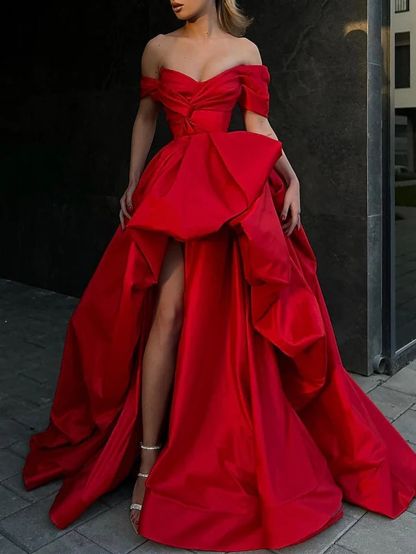 A-Line Sweep/Brush Train Evening Dresses Off Shoulder Sleeveless Prom Satin with Slit - Image 3