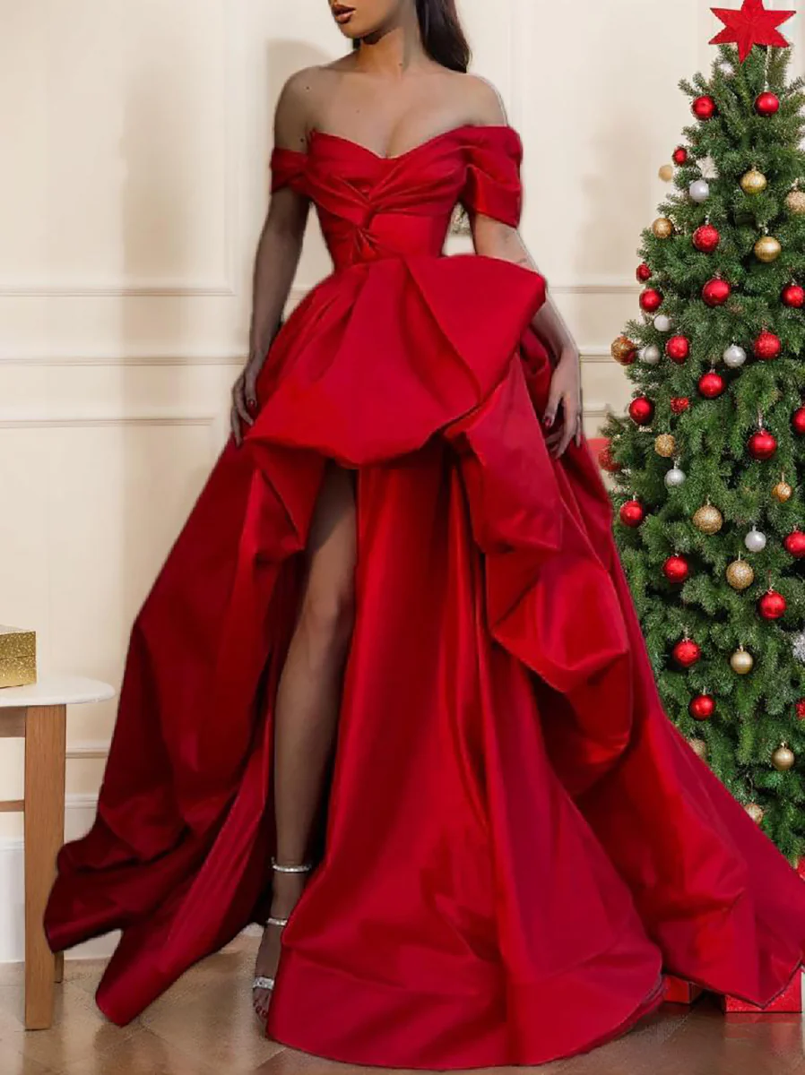 A-Line Sweep/Brush Train Evening Dresses Off Shoulder Sleeveless Prom Satin with Slit - Image 4