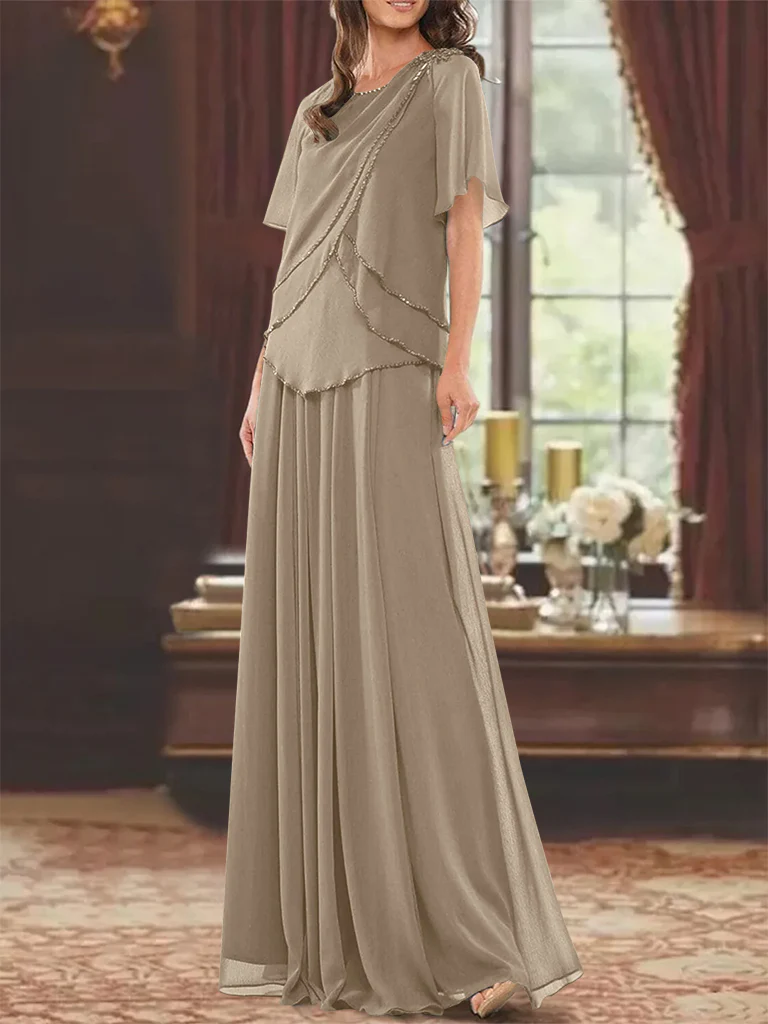 A-Line/Princess Jewel Neck Short Sleeves Floor Length Mother of the Bride Dress with Pleats & Beading - Image 12