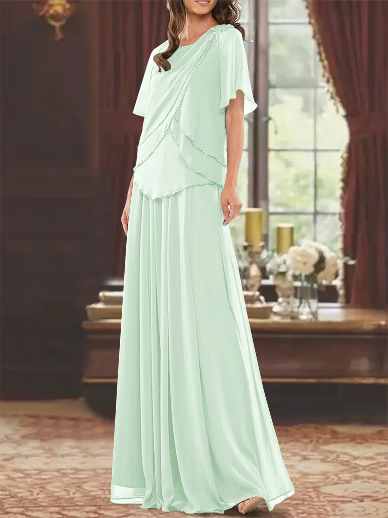 A-Line/Princess Jewel Neck Short Sleeves Floor Length Mother of the Bride Dress with Pleats & Beading - Image 16