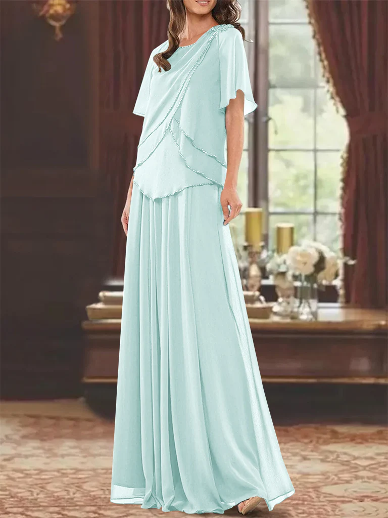 A-Line/Princess Jewel Neck Short Sleeves Floor Length Mother of the Bride Dress with Pleats & Beading - Image 18