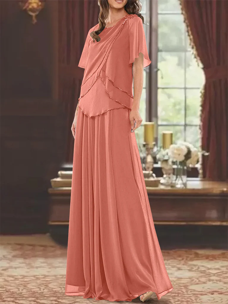 A-Line/Princess Jewel Neck Short Sleeves Floor Length Mother of the Bride Dress with Pleats & Beading - Image 20