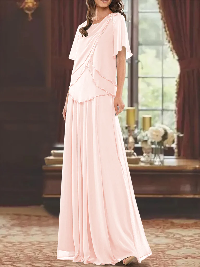 A-Line/Princess Jewel Neck Short Sleeves Floor Length Mother of the Bride Dress with Pleats & Beading - Image 25