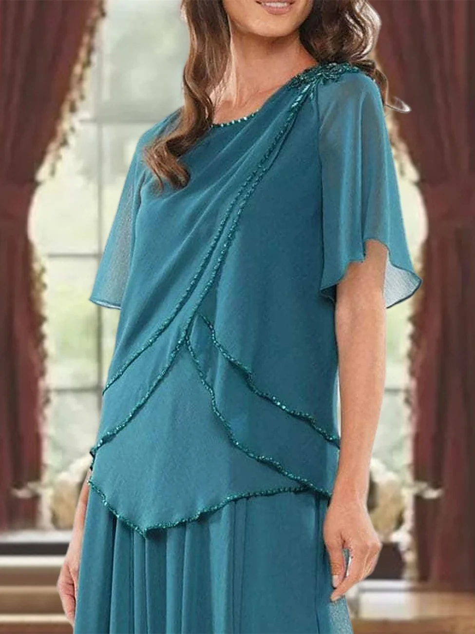 A-Line/Princess Jewel Neck Short Sleeves Floor Length Mother of the Bride Dress with Pleats & Beading - Image 3