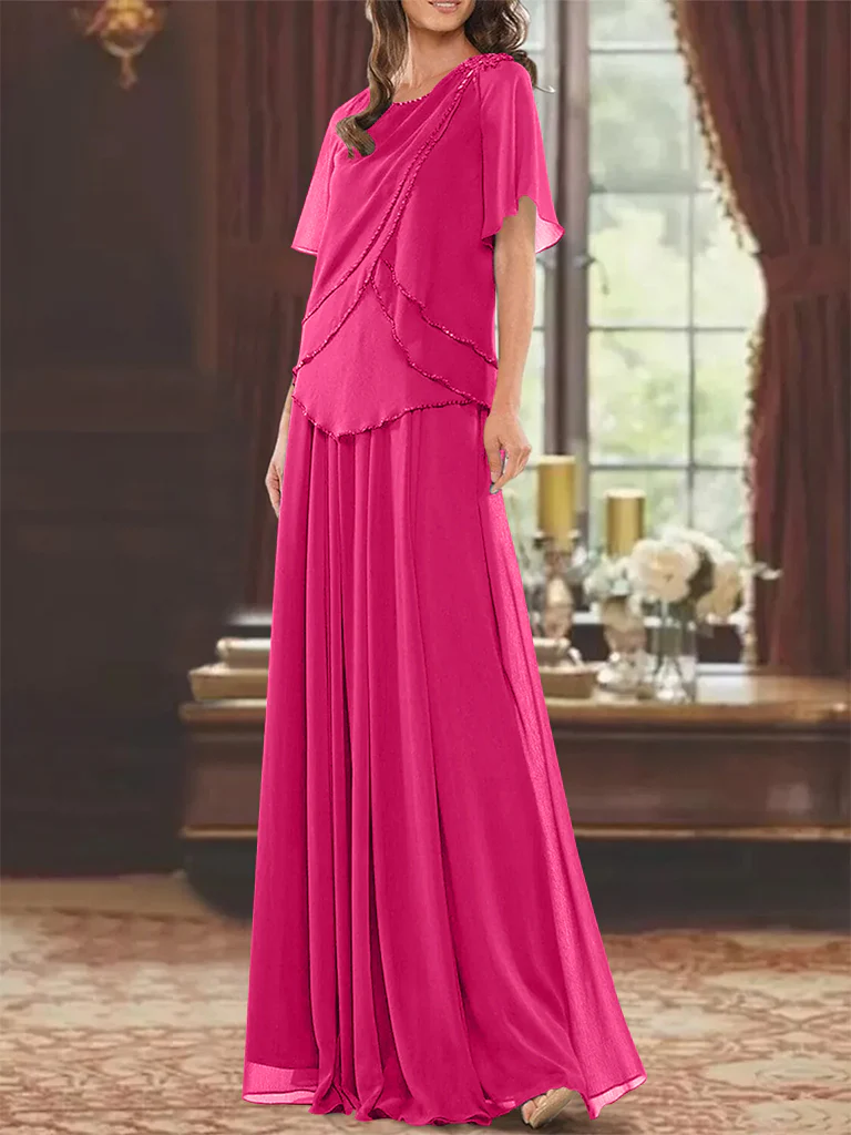 A-Line/Princess Jewel Neck Short Sleeves Floor Length Mother of the Bride Dress with Pleats & Beading - Image 33