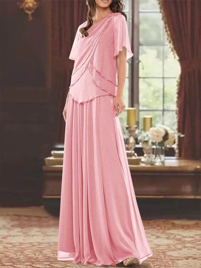 A-Line/Princess Jewel Neck Short Sleeves Floor Length Mother of the Bride Dress with Pleats & Beading - Image 42