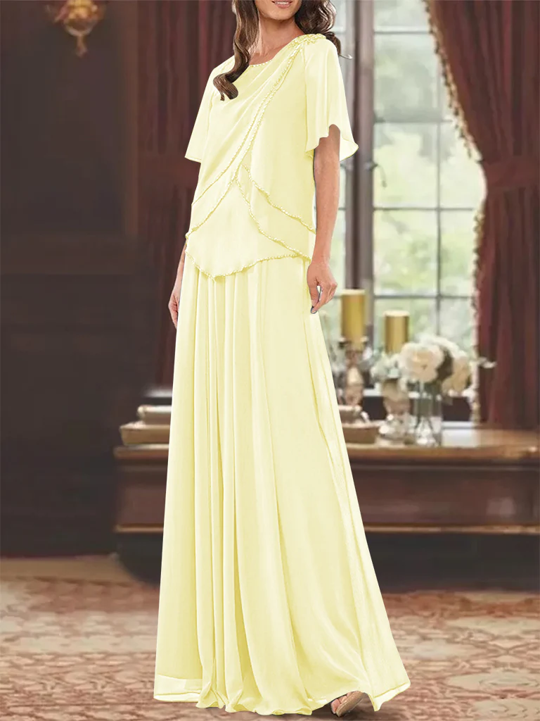 A-Line/Princess Jewel Neck Short Sleeves Floor Length Mother of the Bride Dress with Pleats & Beading - Image 44