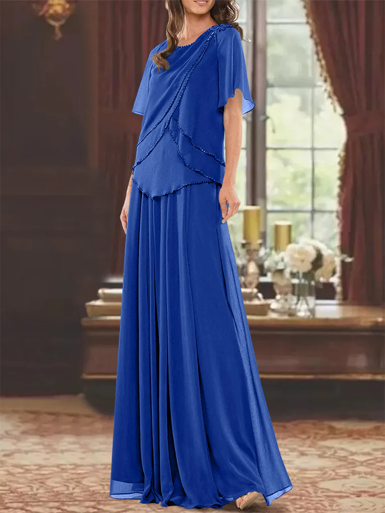 A-Line/Princess Jewel Neck Short Sleeves Floor Length Mother of the Bride Dress with Pleats & Beading - Image 45