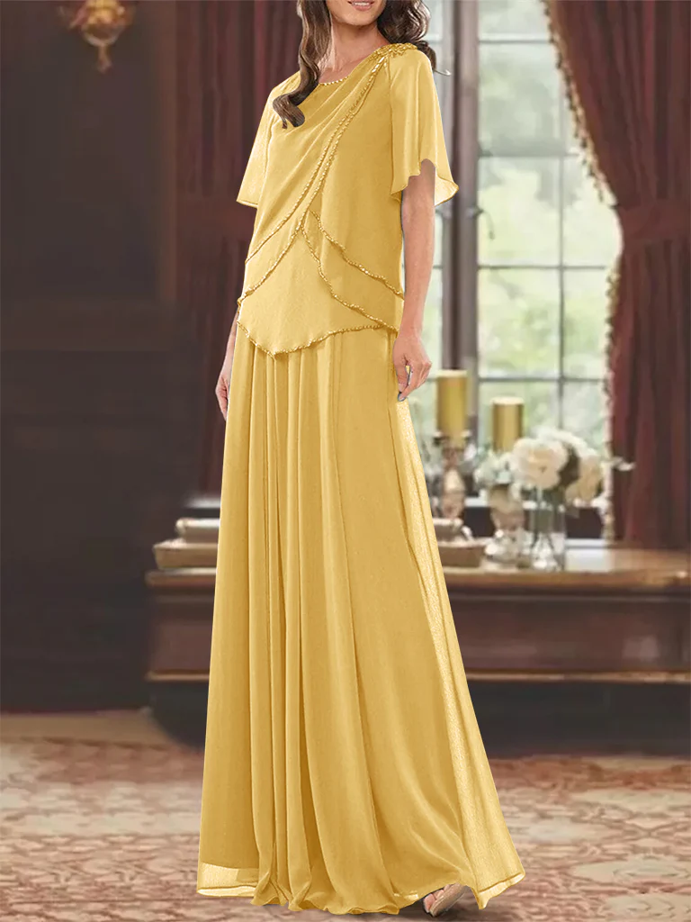 A-Line/Princess Jewel Neck Short Sleeves Floor Length Mother of the Bride Dress with Pleats & Beading - Image 48