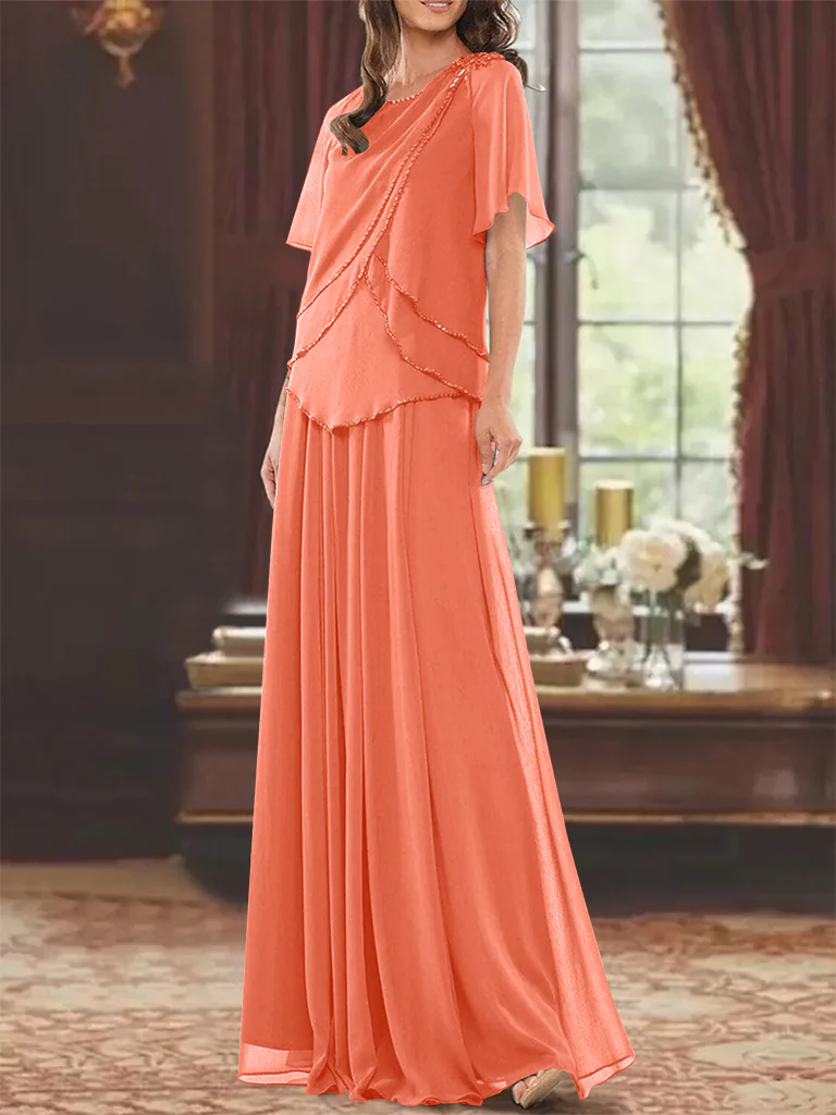 A-Line/Princess Jewel Neck Short Sleeves Floor Length Mother of the Bride Dress with Pleats & Beading - Image 52