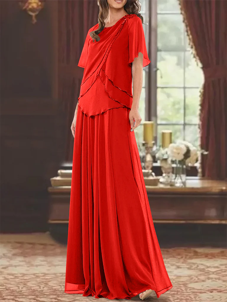 A-Line/Princess Jewel Neck Short Sleeves Floor Length Mother of the Bride Dress with Pleats & Beading - Image 56