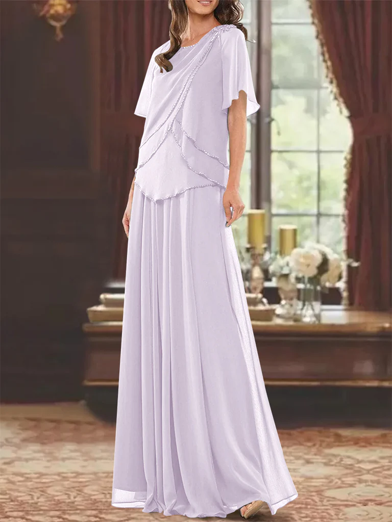 A-Line/Princess Jewel Neck Short Sleeves Floor Length Mother of the Bride Dress with Pleats & Beading - Image 8