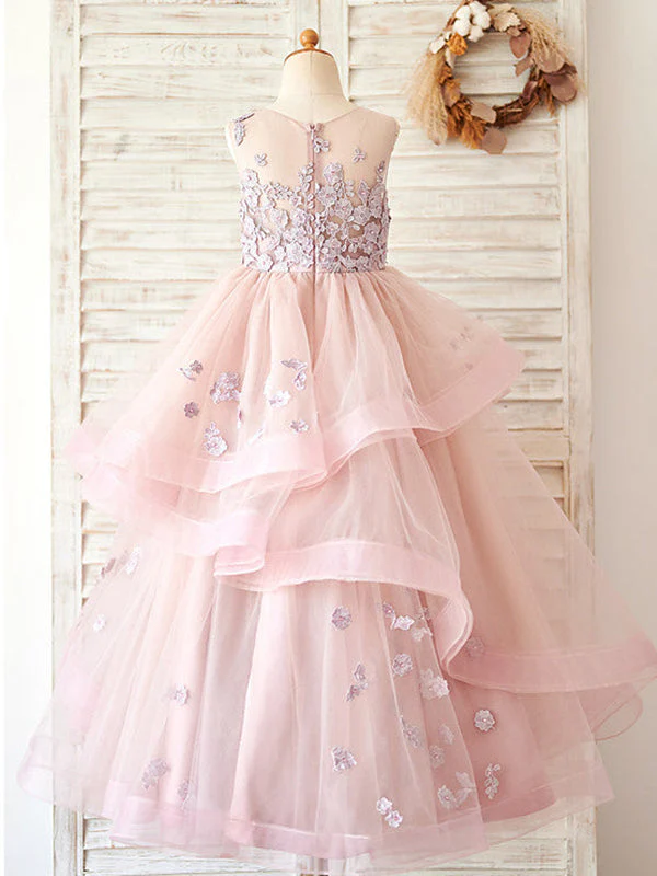 A-line Tulle Floor-length Pink Flower Girl Dress - Image 2