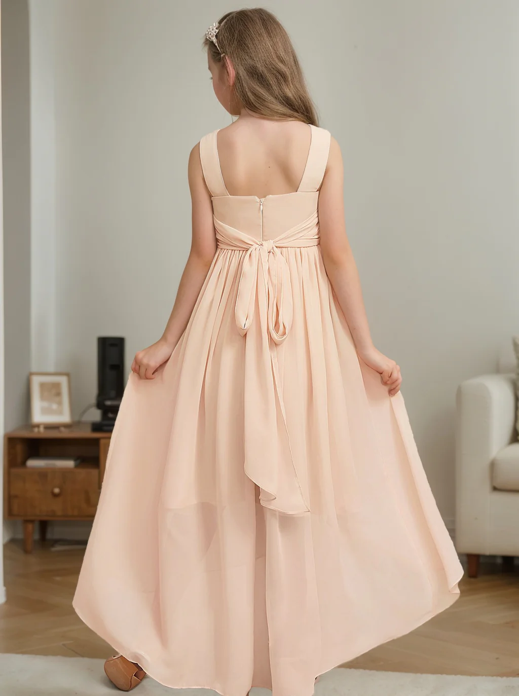 A-Line/Princess V-Neck Asymmetrical Pleated Chiffon Junior Bridesmaid Dress With Flower - Image 2
