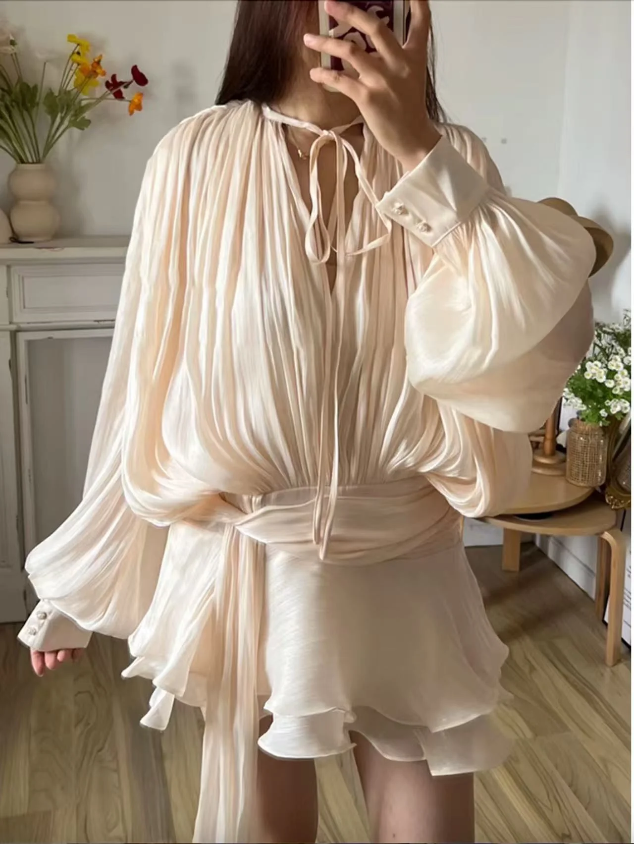 A-Line Scoop Cocktail Party Dresses Satin Long Sleeves Mini Dresses With Ruffles - Image 2