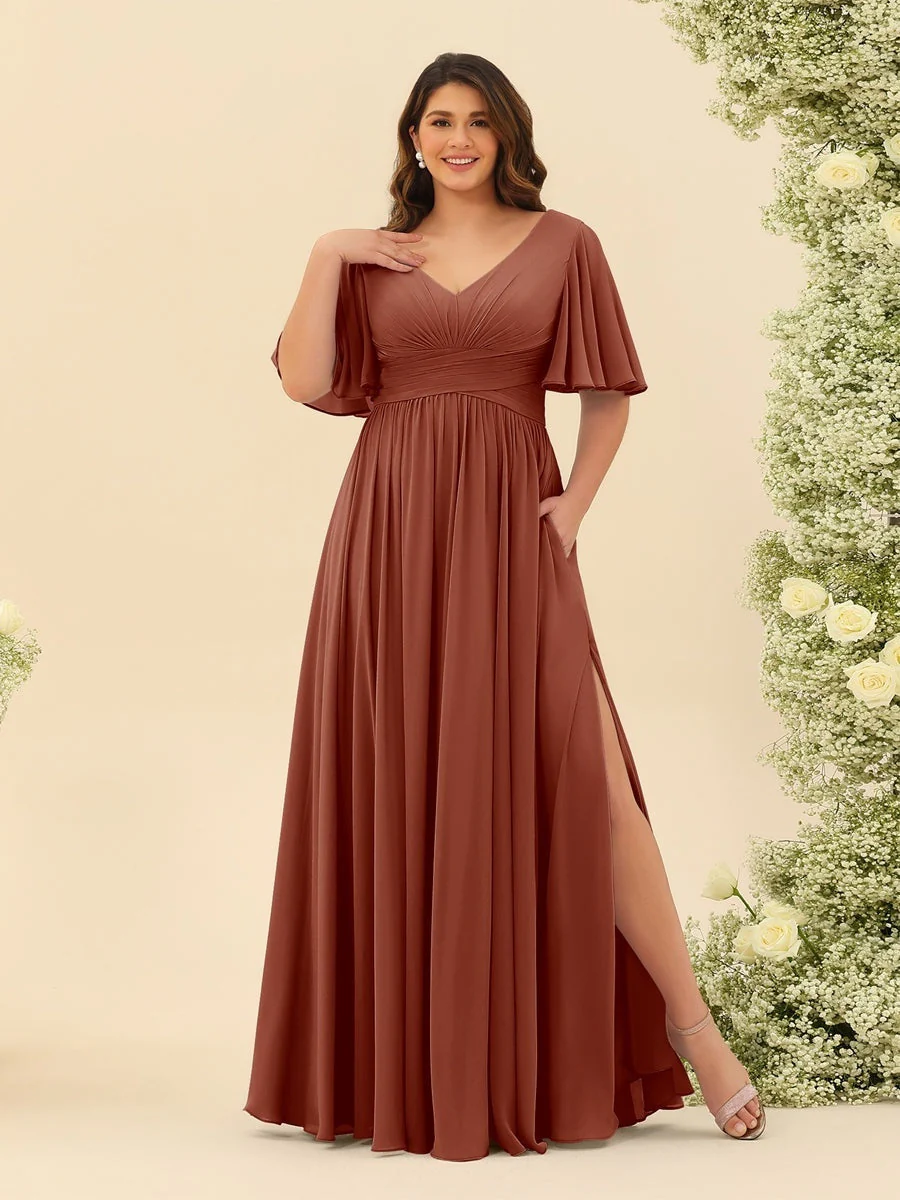A-Line V-Neck Half Sleeves Plus Size Chiffon Bridesmaid Dresses With Split Side - Image 10