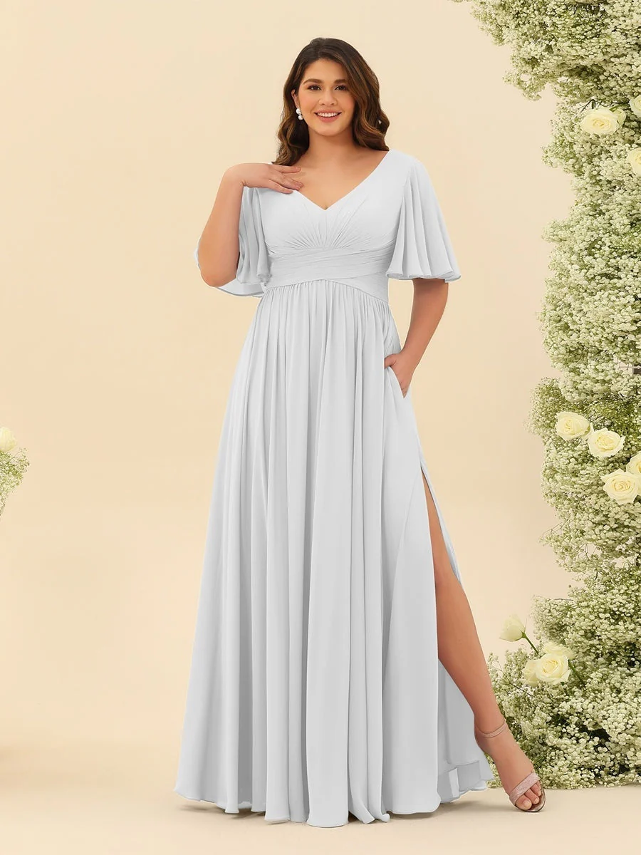 A-Line V-Neck Half Sleeves Plus Size Chiffon Bridesmaid Dresses With Split Side - Image 17