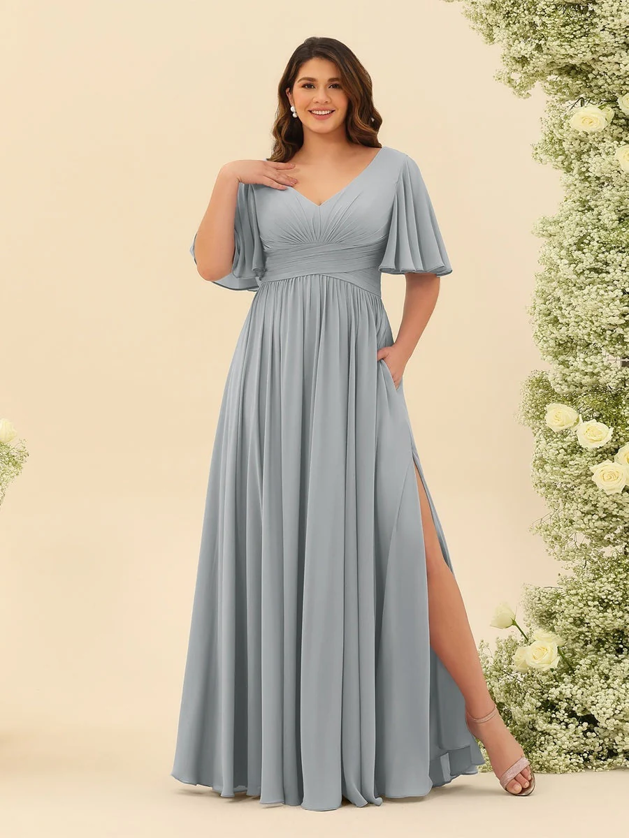 A-Line V-Neck Half Sleeves Plus Size Chiffon Bridesmaid Dresses With Split Side - Image 19
