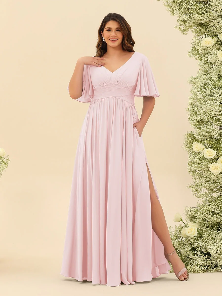 A-Line V-Neck Half Sleeves Plus Size Chiffon Bridesmaid Dresses With Split Side - Image 24