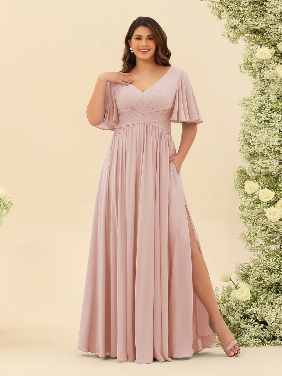 A-Line V-Neck Half Sleeves Plus Size Chiffon Bridesmaid Dresses With Split Side - Image 25