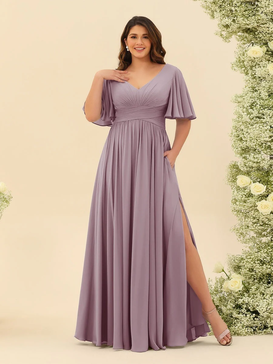 A-Line V-Neck Half Sleeves Plus Size Chiffon Bridesmaid Dresses With Split Side - Image 28