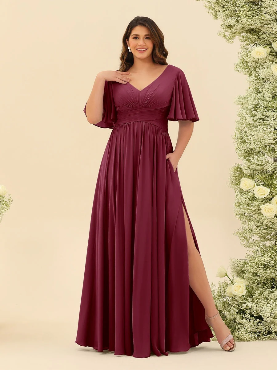 A-Line V-Neck Half Sleeves Plus Size Chiffon Bridesmaid Dresses With Split Side - Image 35
