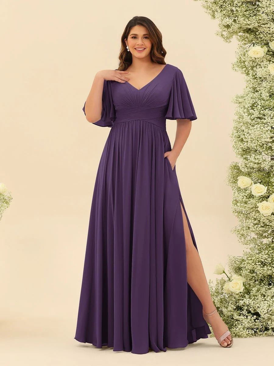 A-Line V-Neck Half Sleeves Plus Size Chiffon Bridesmaid Dresses With Split Side - Image 42