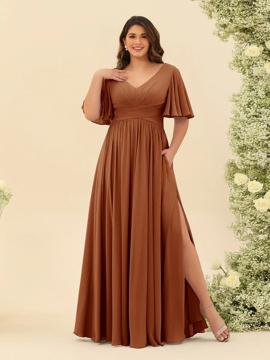 A-Line V-Neck Half Sleeves Plus Size Chiffon Bridesmaid Dresses With Split Side - Image 7