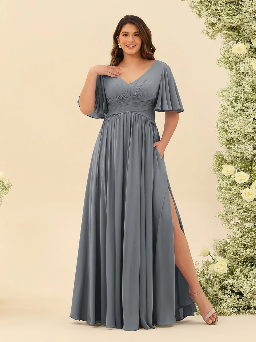 A-Line V-Neck Half Sleeves Plus Size Chiffon Bridesmaid Dresses With Split Side - Image 72