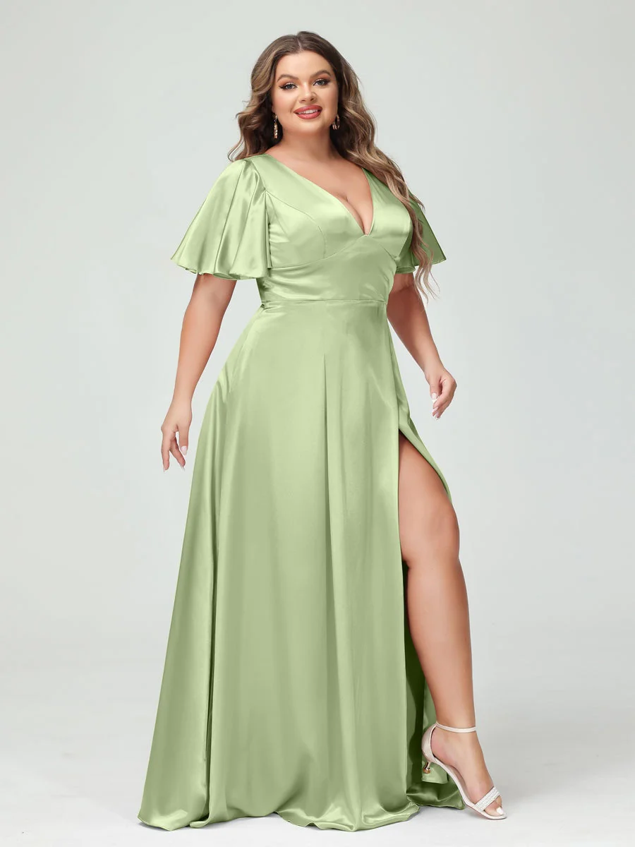 A-Line V-Neck Half Sleeves Silk Satin Plus Size Bridesmaid Dresses with Pockets - Image 10